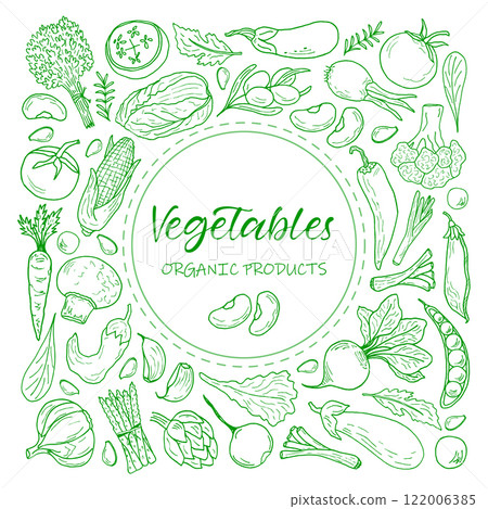 A doodle-style vegetable frame. Background image of organic products with space for text. Corn, tomatoes, beans, asparagus, peppers, carrots, radishes and other farm vegetables. A doodle-style vegetable frame. Background image of organic products with space for text. Corn, tomatoes, beans, asparagus, peppers, carrots, radishes and other farm vegetables. 122006385