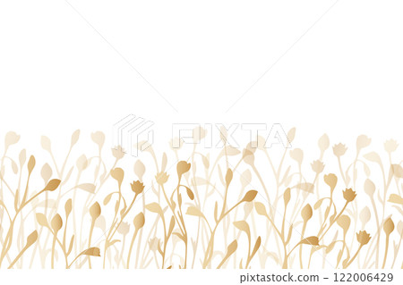 Seamless vector pattern with floral border in golden gradient. Horizontal banner with flax flowers. Floral background with a place for text, design of postcards, business cards, websites. 122006429
