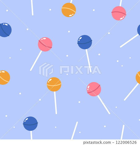 Vibrant seamless vector patterns with colorful lollipops on blue background for stylish stationery and prints Vibrant seamless vector patterns with colorful lollipops on blue background for stylish stationery and prints 122006526