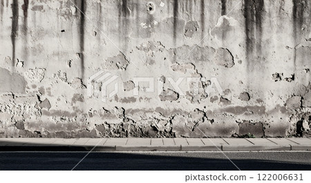 Old and dirty back alley street Stained old concrete wall Sooty Cloudy Background texture 122006631