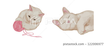 Set of two watercolor white cats playing and sleeping with pink yarn ball isolated on white background. Vector illustration Set of two watercolor white cats playing and sleeping with pink yarn ball isolated on white background. Vector illustration 122006977