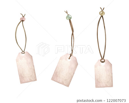 Watercolor craft paper hang empty tags with string for price text or cloth labels clip art illustration isolated background. Blank pink cardboard tag on brown rope with bead set for note, holiday gift 122007073