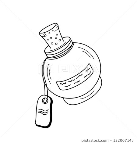 Doodle Magic Bottle, Glass flask with stoppers, label and bubbles. Vector illustration Alchemical elixirs, potions, liquids different. Thema magic, medicine, alternative therapy. 122007143