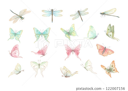 Watercolor fluttering delicate abstract butterflies and damselflies isolated illustration. Colored vintage tropical flying insects hand painted set for greeting cards, invitations, package design Watercolor fluttering delicate abstract butterflies and damselflies isolated illustration. Colored vintage tropical flying insects hand painted set for greeting cards, invitations, package design 122007156