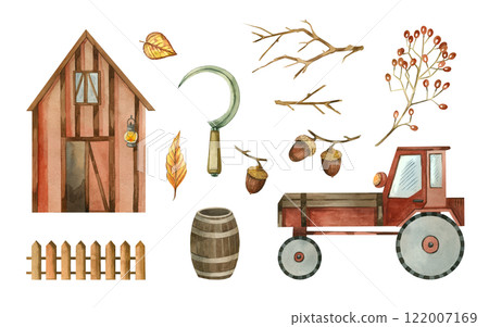Barn, tractor, acorns, fence, branch with berries, wooden barrel, autumn leaves. All objects are hand-drawn with watercolors. Suitable for printing on postcards, invitations, for scrapbooking. 122007169