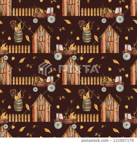 Farm with fence, tractor, plants, storage barrel. Seamless watercolor pattern painted with watercolor. Suitable for printing on fabric, paper and scrapbooking. High quality illustration. Farm with fence, tractor, plants, storage barrel. Seamless watercolor pattern painted with watercolor. Suitable for printing on fabric, paper and scrapbooking. High quality illustration. 122007170
