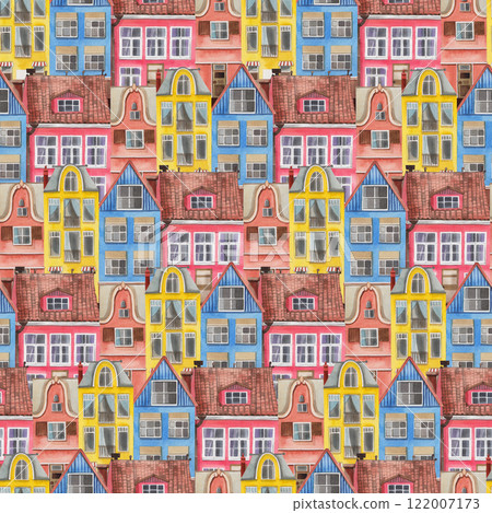 Seamless watercolor pattern. Dutch old houses in pink, yellow and blue colors hand painted with watercolor. Suitable for printing on fabric, paper, for scrapbooking and wrapping paper. Seamless watercolor pattern. Dutch old houses in pink, yellow and blue colors hand painted with watercolor. Suitable for printing on fabric, paper, for scrapbooking and wrapping paper. 122007173