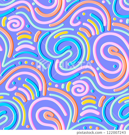 Squiggle, wavy line seamless pattern. Abstract 3d fluid graphic shapes geometric rainbow creative background. Vector illustration 122007243