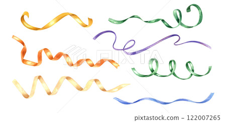 Set of colored curly ribbons clip art watercolor illustration. Blue, yellow, golden, blue ribbons. Festive holiday additional element clip art for wrapping gift box, birthday invitation card Set of colored curly ribbons clip art watercolor illustration. Blue, yellow, golden, blue ribbons. Festive holiday additional element clip art for wrapping gift box, birthday invitation card 122007265