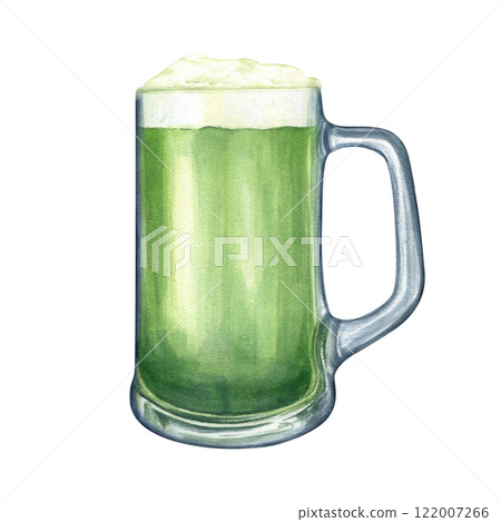Watercolor full green ale glass with foam illustration. Pint of traditional Irish green malt beer. St. Patrick day leprechaun drink element for holiday greeting cards, menu, pub party, celebrating Watercolor full green ale glass with foam illustration. Pint of traditional Irish green malt beer. St. Patrick day leprechaun drink element for holiday greeting cards, menu, pub party, celebrating 122007266