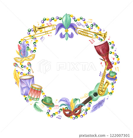 Watercolor Mardi gras symbol, music wind and percussion instruments, hats, carnival mask with feathers, beads, musical notes wreath . New Orleans parade round frame for invitation, greeting cards 122007301