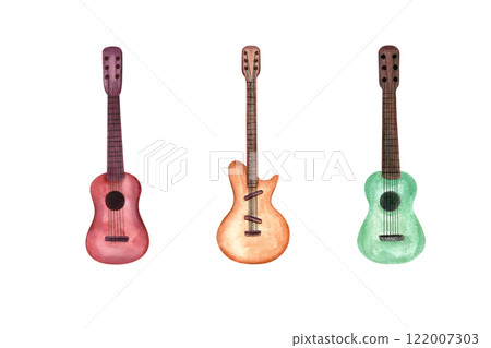 Watercolor color musical instrument, six string electric and acoustic guitar clip art illustration. Classical guitars set for music website design, cards, music lesson posters, stickers 122007303