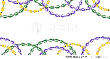 Green, purple, yellow bead garland in colors of Mardi Gras festival watercolor horizontal frame. Glass necklace border with empty space for text. Illustration for carnival decor, invitation design 122007305