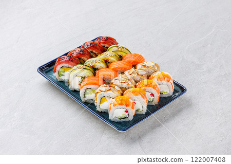Japanese sushi rolls, sushi sets on a gray background for restaurant menu and food delivery 122007408