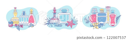 Vector illustration of a set of different perfume bottles with different aromas and ingredients. Vector illustration of a set of different perfume bottles with different aromas and ingredients. 122007537