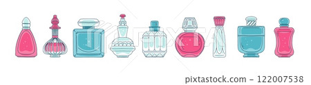 Elegance perfume pink and blue glass bottle with cap, beautiful cologne vials, fragrant cosmetic products vector set 122007538