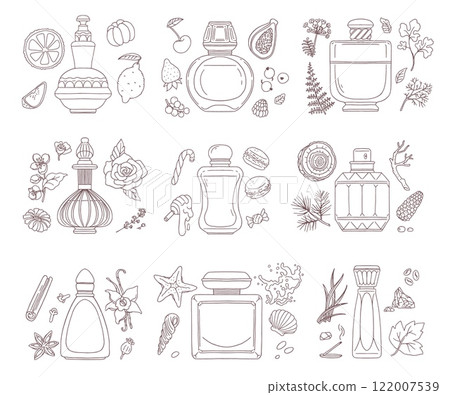 Vector set of sketch of luxury perfumes with vintage bottles sweet, woody and marine scents Vector set of sketch of luxury perfumes with vintage bottles sweet, woody and marine scents 122007539