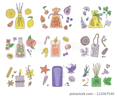 Aromatic candle, sachet, aroma stick, perfume bottle vector set, natural fruity fragrance, coniferous and marine essence 122007540