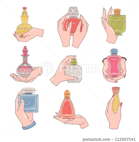 Vector illustration of a set of different hand positions with perfume bottles of various shapes. Vector illustration of a set of different hand positions with perfume bottles of various shapes. 122007541