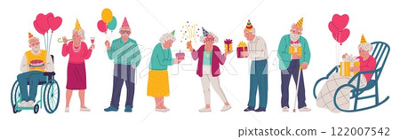 Happy old people in festive decorations with gift boxes, balloons or cake, vector cartoon grandparent celebrate birthday Happy old people in festive decorations with gift boxes, balloons or cake, vector cartoon grandparent celebrate birthday 122007542