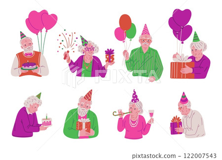 Happy old people in festive hat with gift boxes, balloons or cake, vector grandparents celebrate birthday, enjoy holiday 122007543