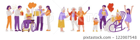 Happy festive people different ages with gift boxes, balloons or birthday cake, cartoon family celebrations vector set Happy festive people different ages with gift boxes, balloons or birthday cake, cartoon family celebrations vector set 122007548