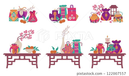 Korean lucky bag composition with branch of Sakura in vase and mandarins, traditional Asian holiday purses vector set 122007557