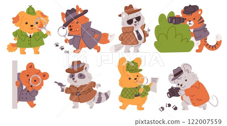 Detectives animals vector set, spy agent crime investigating, raccoon with handgun, fox, dog bear with magnifying glass 122007559