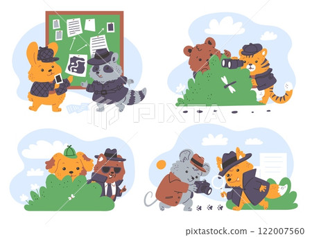 Detectives animals vector set, dog and bear hide peek behind the bushes, hare and raccoon spy agents crime investigating 122007560