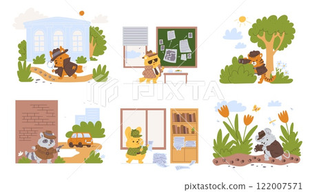 A vector set of animal detectives with investigative tools on a white background. 122007571