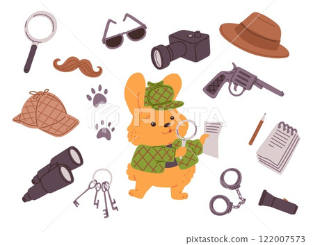 Illustration of a detective bunny set with accessories and equipment for detective work. 122007573