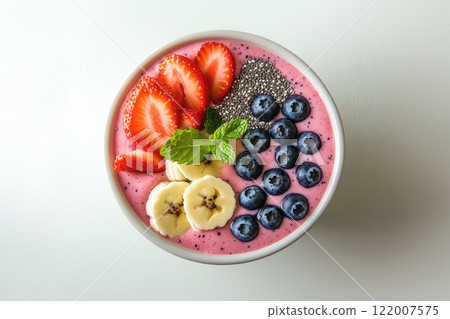Colorful fruit smoothie bowl topped with fresh berries, banana slices, and chia seeds in a modern kitchen setting 122007575