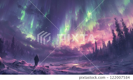 Colorful aurora lights illuminate a peaceful winter landscape at night in a remote forest area Colorful aurora lights illuminate a peaceful winter landscape at night in a remote forest area 122007584