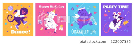 Set of vector postcards with joyful dancing animals on a colorful background surrounded by conffety Set of vector postcards with joyful dancing animals on a colorful background surrounded by conffety 122007585