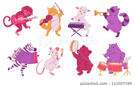 Vector set with animals playing musical instruments isolated on a white background 122007589