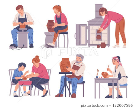 Vector art therapy scene in which adults and children create works of art from clay 122007596