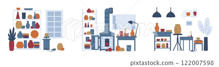Vector set of illustrations with interior rooms with equipment for pottery workshop. 122007598