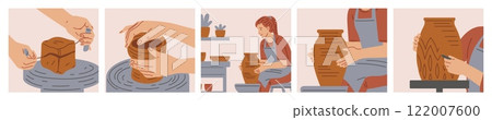 Vector banner with a set of illustrations of the process of making ceramic dishes. Vector banner with a set of illustrations of the process of making ceramic dishes. 122007600