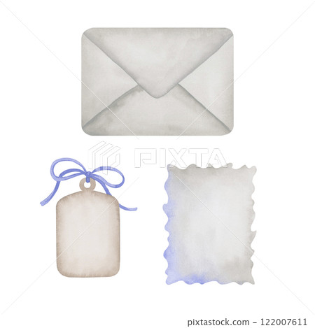 Set of watercolor paper elements. Hand made illustrations of envelope, gifttag and postcard. Isolated elements for holiday design in vintage style and muted colors Set of watercolor paper elements. Hand made illustrations of envelope, gifttag and postcard. Isolated elements for holiday design in vintage style and muted colors 122007611
