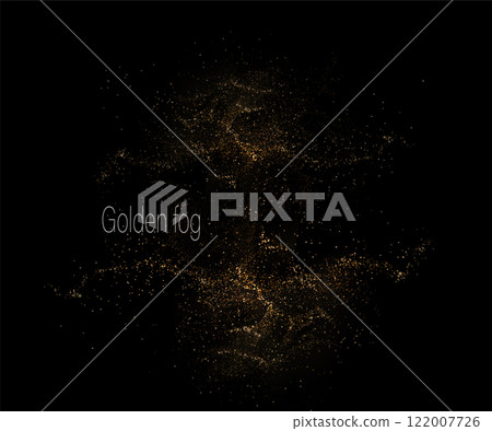 Isolated design component, glitter gold tinsel, fiber on black design 122007726