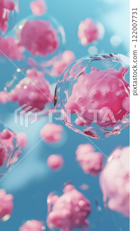 Pink cell-like structures floating clear blue liquid environment 3D rendering 122007731