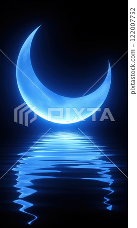 glowing crescent moon reflected on dark rippling water at night capturing a tranquil atmosphere with abundant copyspace concept of environment and branding 122007752