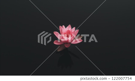 solitary pink lotus floating on still dark water with a sharp reflection capturing a sense of peaceful mystery in a minimalist scene copyspace concept of spa and meditation 122007754
