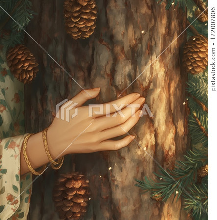 woman's hand placed on pine tree trunk with cones in a warm forest wearing floral sleeve and gold bracelets concept of environment, jewelry, marketing 122007806