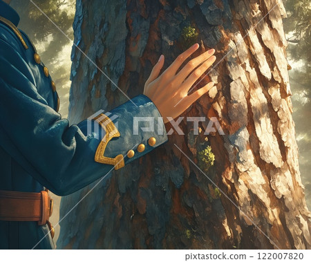person wearing crisp uniform gently touching rough pine trunk under dappled woodland glow calm mood copyspace concept nature sustainability branding 122007820