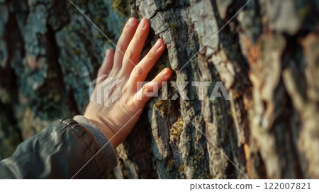 Person hand touching moss-covered tree bark sunlight eco-friendly concept 122007821