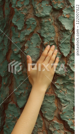 Hand touching textured green brown bark nature connection mindfulness close-up 122007822