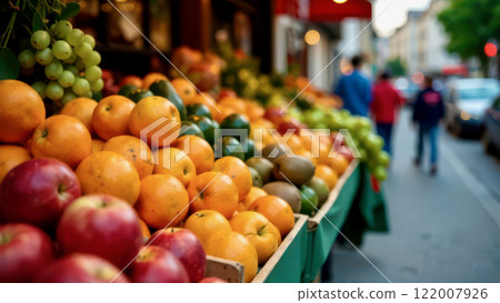 Abstract background of a fruit stall filled with fresh apples, oranges, avocados, and grapes, blurred light street with people and cars in the background 122007926
