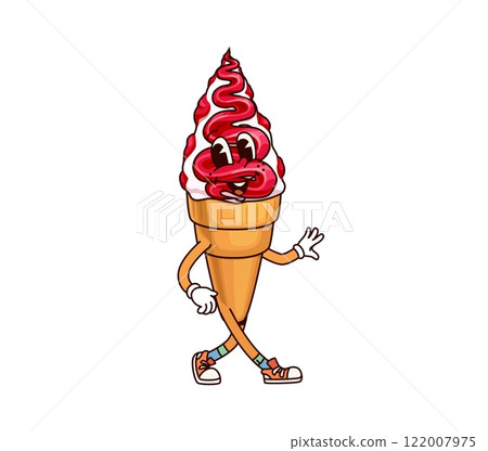 Sundae and gelato ice cream groovy character. Gelato dairy food funny cartoon personage, parlor happy 60s 70s hippie vector mascot. Ice cream frozen dessert with topping isolated groovy character Sundae and gelato ice cream groovy character. Gelato dairy food funny cartoon personage, parlor happy 60s 70s hippie vector mascot. Ice cream frozen dessert with topping isolated groovy character 122007975