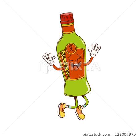 Cartoon groovy wasabi sauce character joyfully jumping full of energy and joy. Isolated vector glass bottle personage with green hot spice condiment for Japanese food, dancing with happy expression Cartoon groovy wasabi sauce character joyfully jumping full of energy and joy. Isolated vector glass bottle personage with green hot spice condiment for Japanese food, dancing with happy expression 122007979